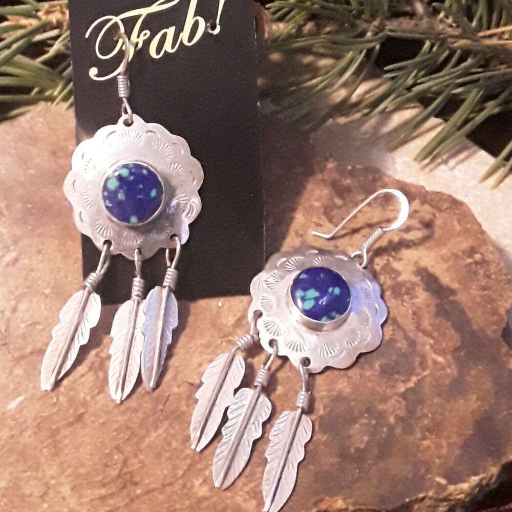 Azurite Cabochons Tooled Sterling Feathers & Scalloped Design Earrings